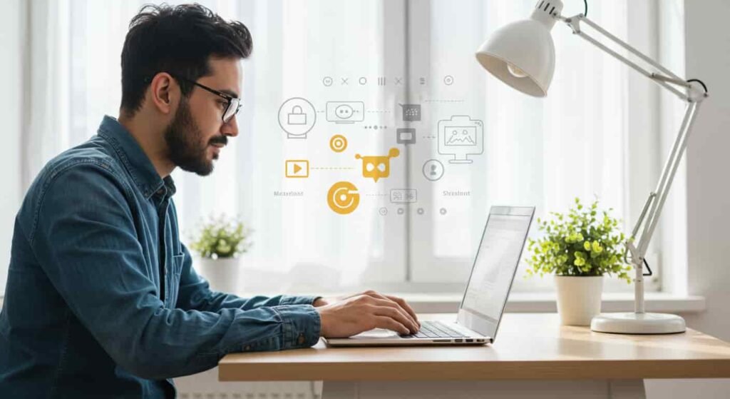 Small business owner confidently creating engaging content on a laptop in a bright, modern workspace