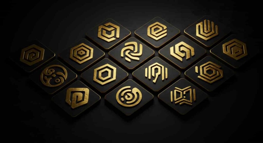 gold-abstract-logo-collection-on-black A high-contrast display of fifteen golden, abstract, geometric logo designs, each embossed or raised on individual black square tiles with rounded corners, arranged in a visually appealing pattern, suggesting premium and diverse logo design possibilities.