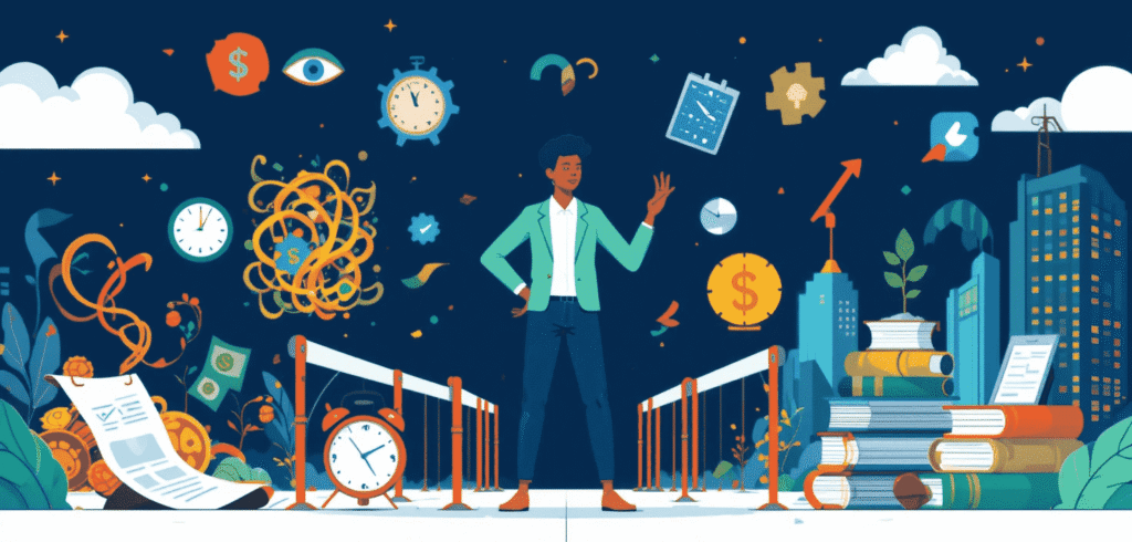 A confident small business owner standing strong amidst various symbolic challenges like tangled finances, complex marketing, ticking clocks for time management, and a stack of legal books, with growth symbols like an upward arrow and green plant suggesting solutions and success. The illustration is vibrant and modern.
