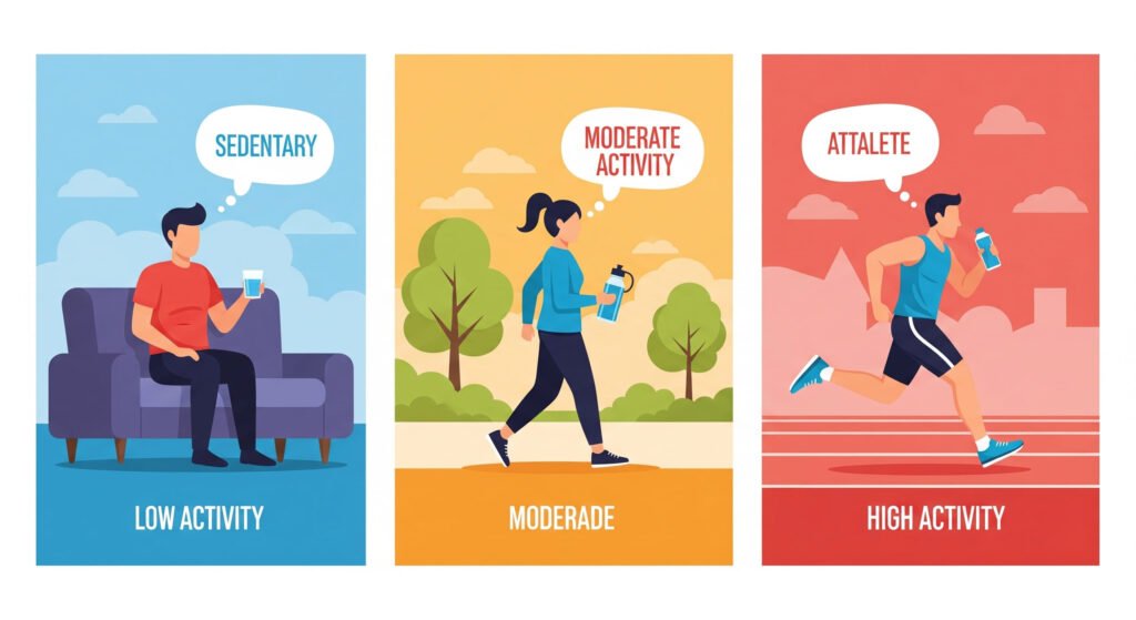 ilustración con colores brillantes muestra tres apartados ejemplificando el consumo de agua según la actividad física,