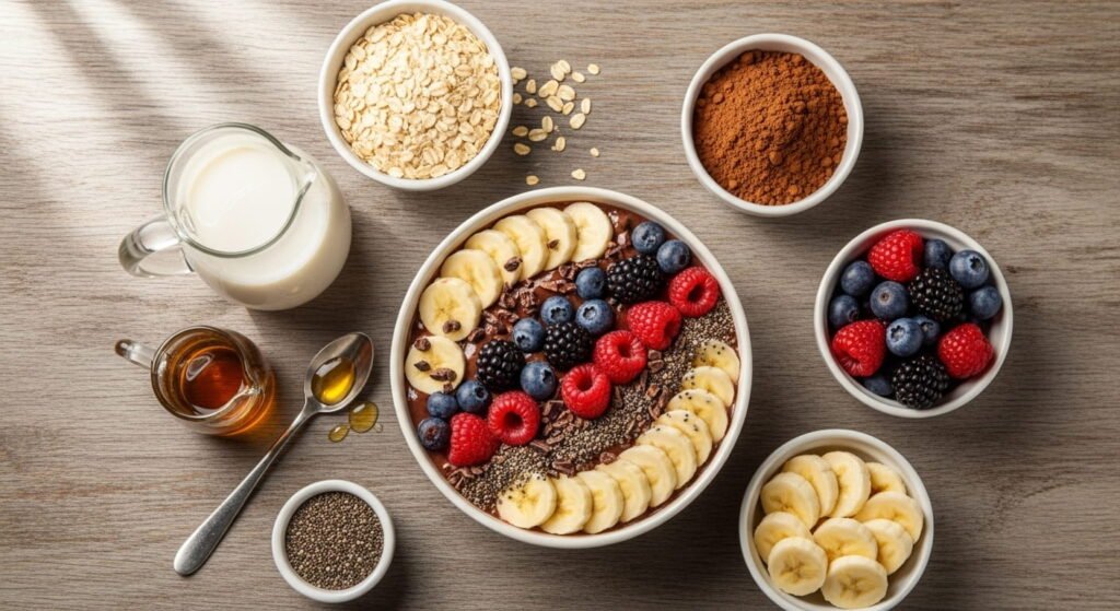 Bowl de frutas con cacao decorado con plátano, arándanos, frambuesas y moras, junto a sus ingredientes: avena, cacao, leche y miel. Idea para un desayuno saludable y nutritivo.