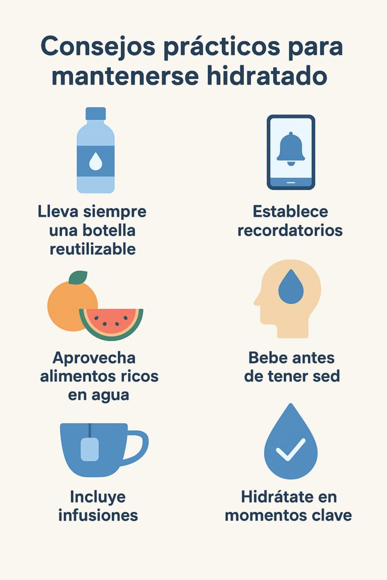 Infografía con seis consejos prácticos de hidratación: llevar botella reutilizable, establecer recordatorios, consumir frutas y verduras, beber antes de tener sed, incluir infusiones e hidratarse en momentos clave.