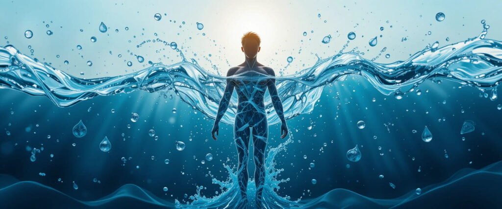 Representación artística de un cuerpo humano con flujo de agua a través de él, simbolizando la importancia vital del agua para el organismo.
