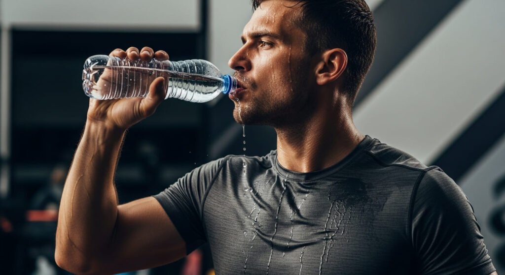 hombre de mediana edad que luce agotado después de la intensidad del entrenamiento, tomando agua pura para rehidratarse