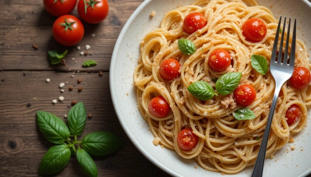 Plato de pasta rústica con tomates cherry y albahaca fresca. Receta saludable de cena fácil.