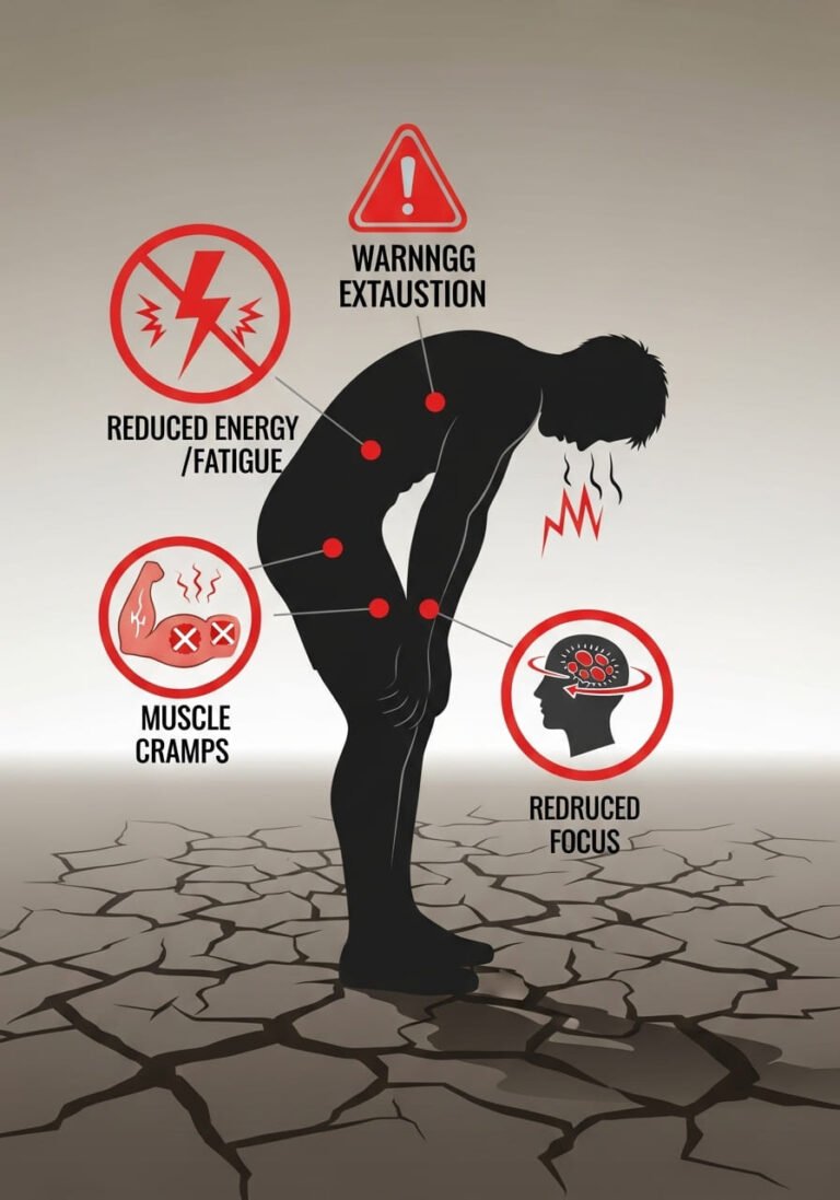 Ilustración mostrando los síntomas de la deshidratación como reducción de energía/fatiga, calambres musculares, falta de concentración y agotamiento.
