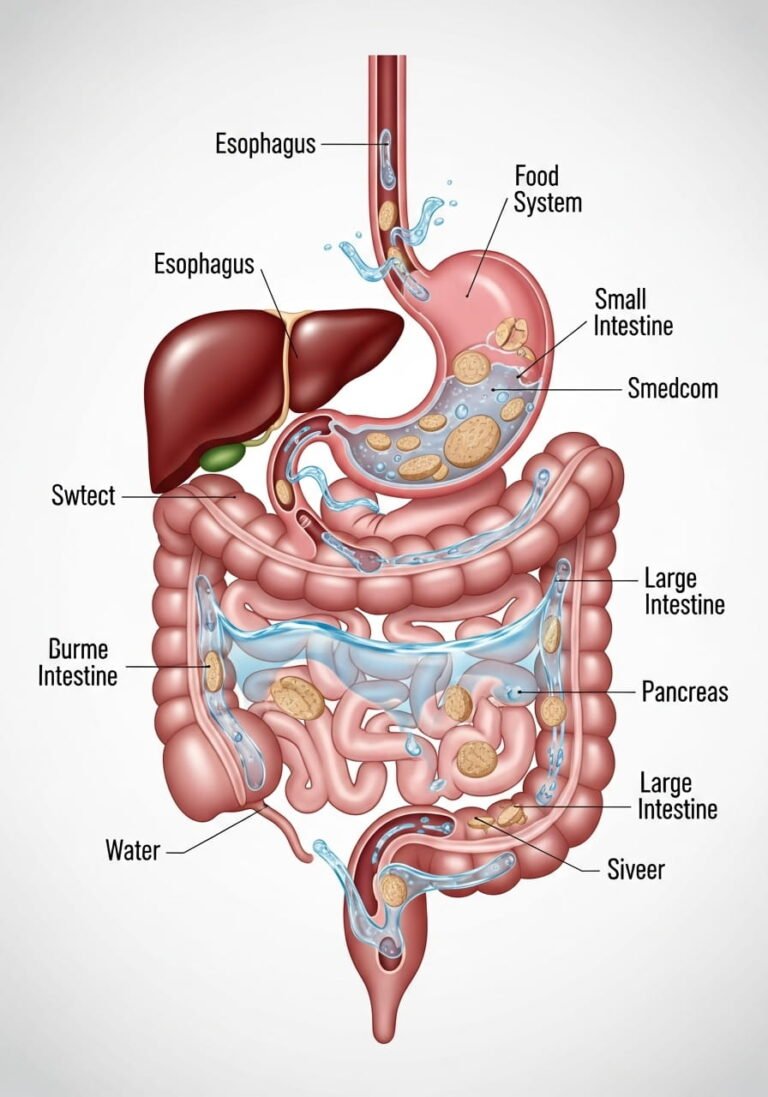 Diagrama detallado del sistema digestivo, mostrando el flujo de agua y la descomposición de los alimentos en el estómago y los intestinos, ilustrando el papel del agua en la digestión y absorción.