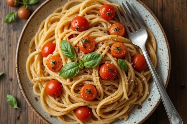 Vista detallada de un plato de pasta con salsa de tomate y albahaca. Cena saludable y rápida.