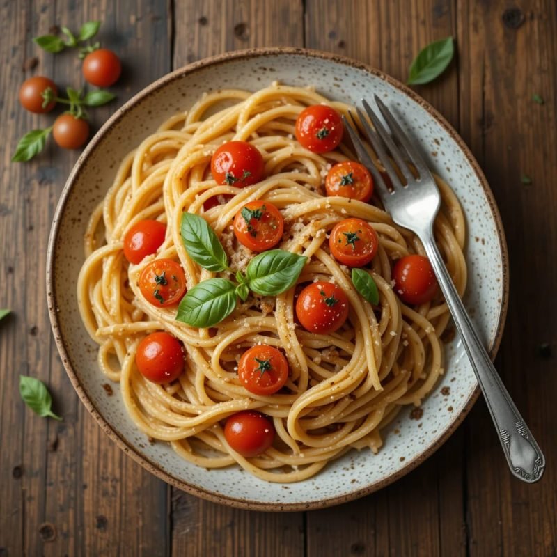 Vista detallada de un plato de pasta con salsa de tomate y albahaca. Cena saludable y rápida.